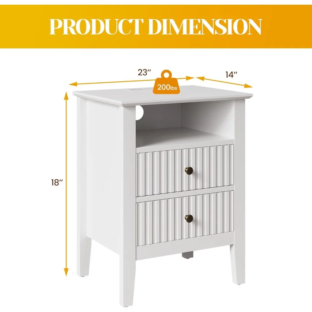 Fluted Nightstand with Charging Station, Modern Side Table with 2 Drawers & Storage Shelf, Wood End Table with USB Ports & Outle