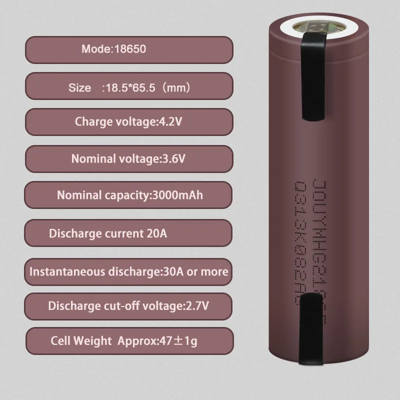 HG2 18650 Battery 3000mAh HG21865 3.7V Lithium Rechargeable High Discharge 20A Power Bateria (Welded Nickel Strips)