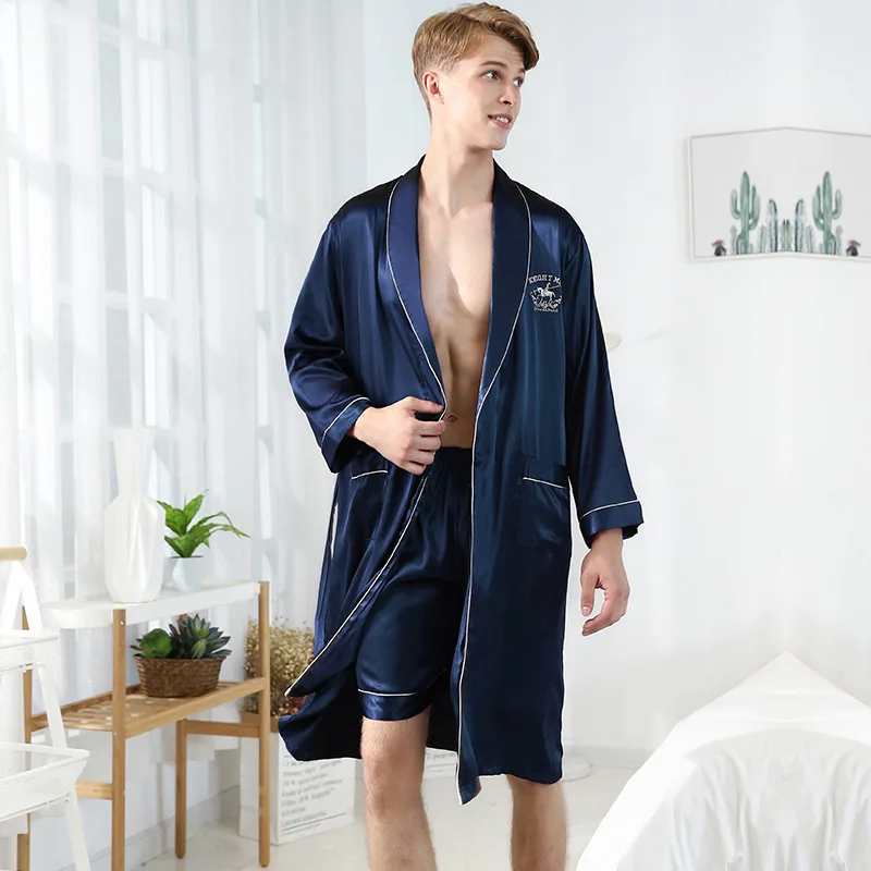 Men's Pajamas Sets Ice Silk-like Nightgown Pajamas Suit Summer Cool Lapel Skin-Friendly Home Clothes Sleepwear Wedding Clothes