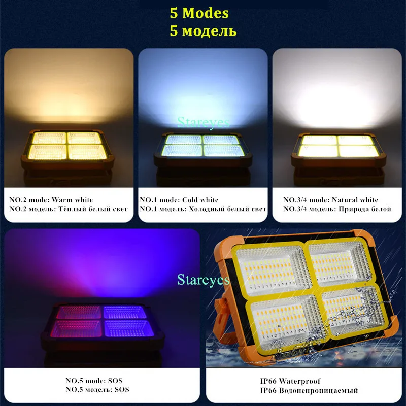 Portable Solar LED Floodlight Rechargeable Flood light Outdoor Photovoltaic panel emergency flashlight torch IP66 Waterproof