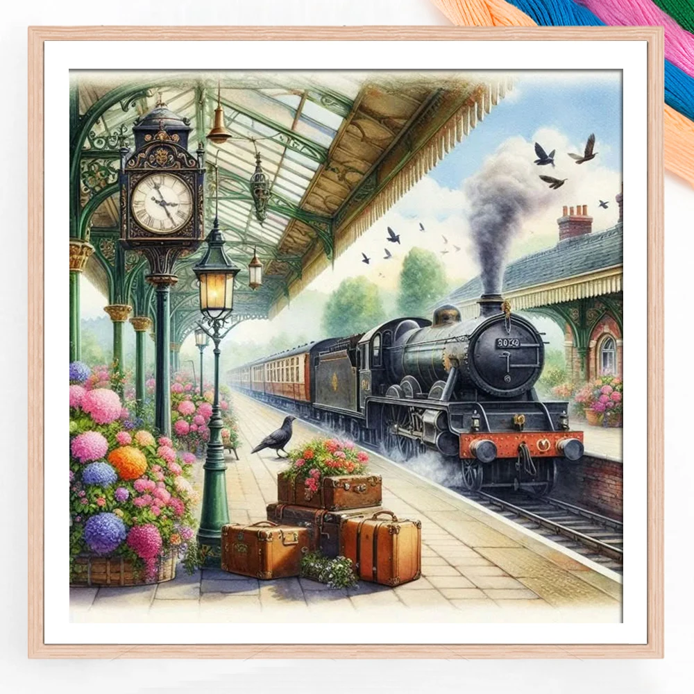 11CT Cross Stitch Railway Platform Landscape Full Embroidery Wall Decor Cotton Thread Printed New Decorative Paintings