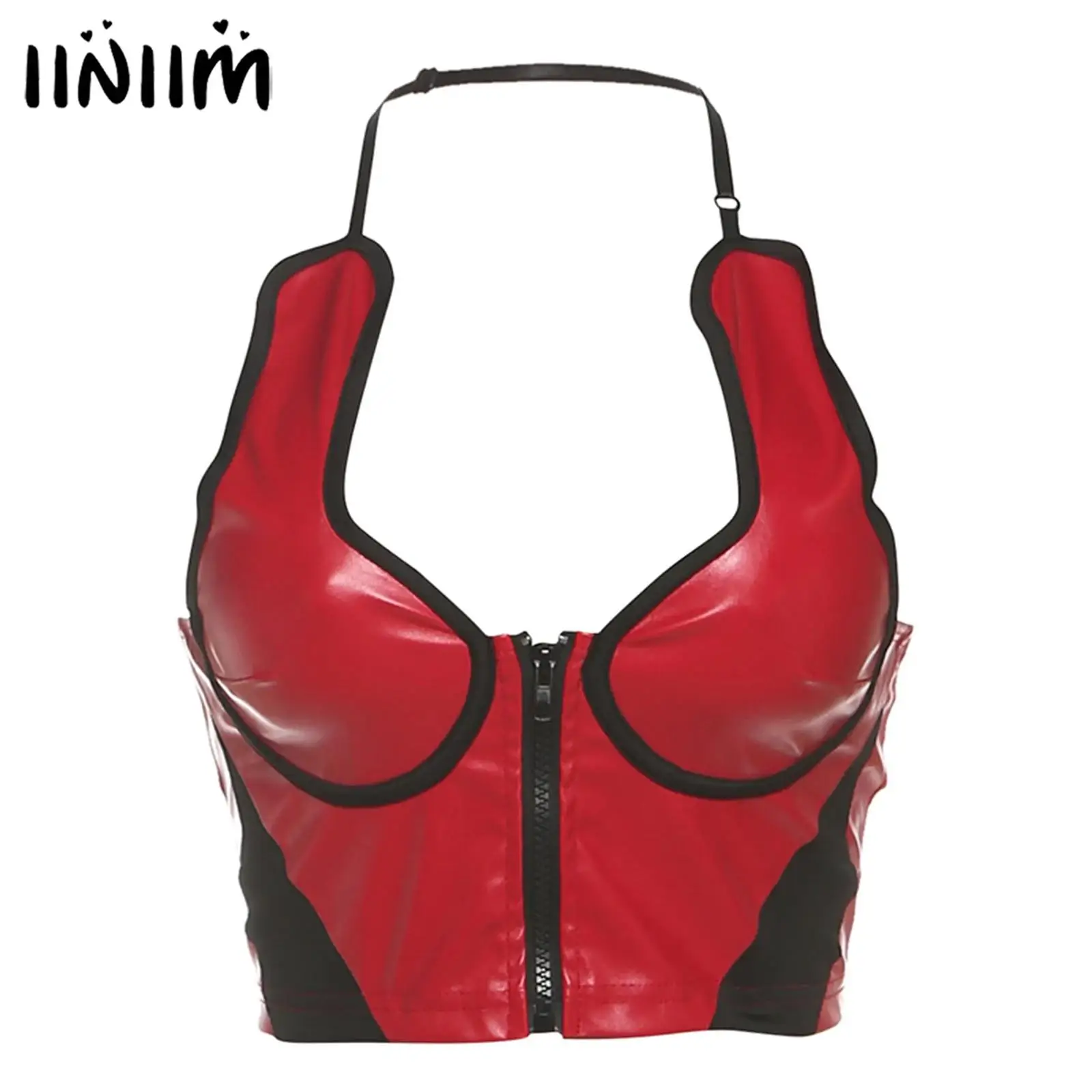 

Womens PU Leather Latex Bustiers Top Halter Low Neckline Backless Front Zipper Corset Y2K Cropped Top for Streetwear Clubwear