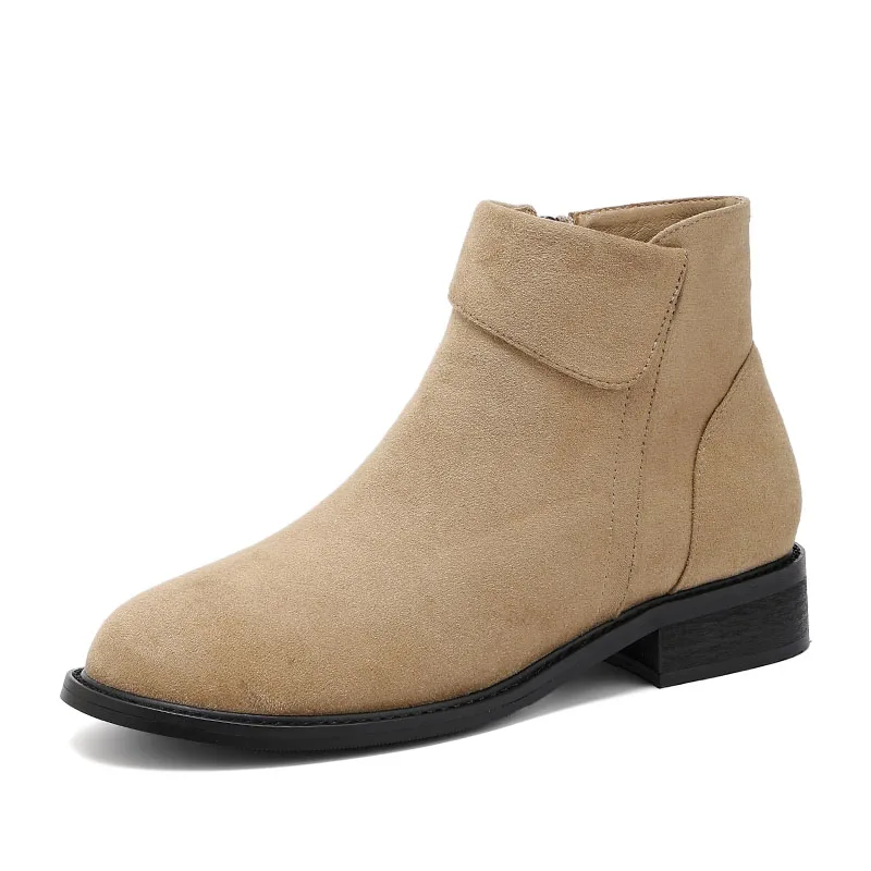 DRKANOL 2027 Women Flat Heel Ankle Boots Autumn Winter Round Toe Zipper Solid Color Suede Leather Casual Warm Boots Women Shoes