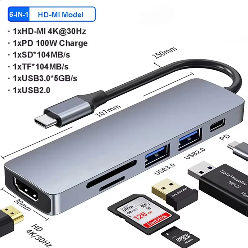 6IN1 USB C Hub 3.0 4K HDMI-Compatible USB C Adapter with Type C PD SD TF Card Reader for MacBook Pro Air M1 iPad Laptop Expander
