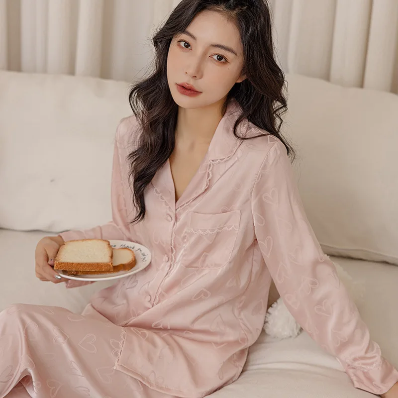 Silk Pajama Woman Pyjama-Sets Suit For Home 2024 Autumn Long Sleeve Trousers Nightie Pajama Lady Sleepwear Nighty Set