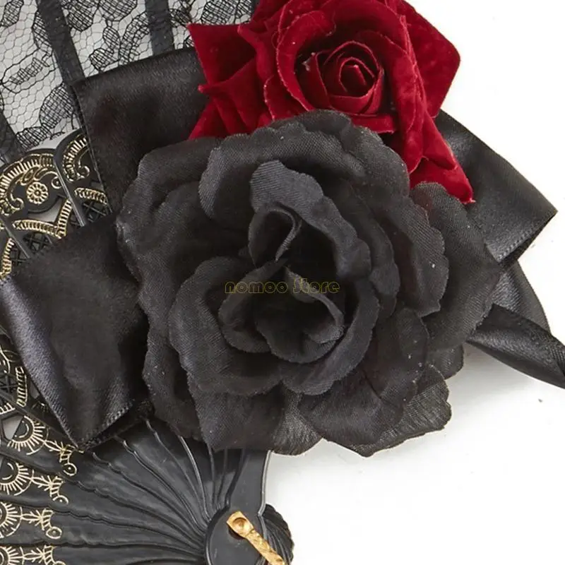31BF 로리타 팬 고딕 빅토리아 여성 레이스 핸드 팬 빈티지 블랙 레드 로즈 고스 팬 할로윈 코스프레 파티 액세서리