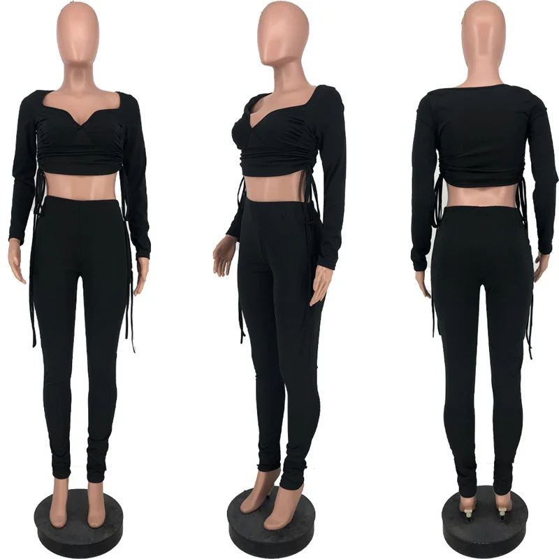 Sexy Two Piece Set Women Festival Clothing Drawstring Ruched Long Sleeve Crop Top and Pants Leggings Party Club Birthday Outfits