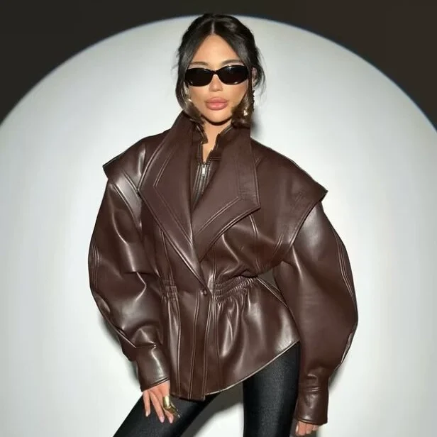 

Elastic Waist Cinching Brwon Leather Jacket Women Casual Lapel Zipper Pu Coat Spring Brown Leather Jackets for Women Outwear