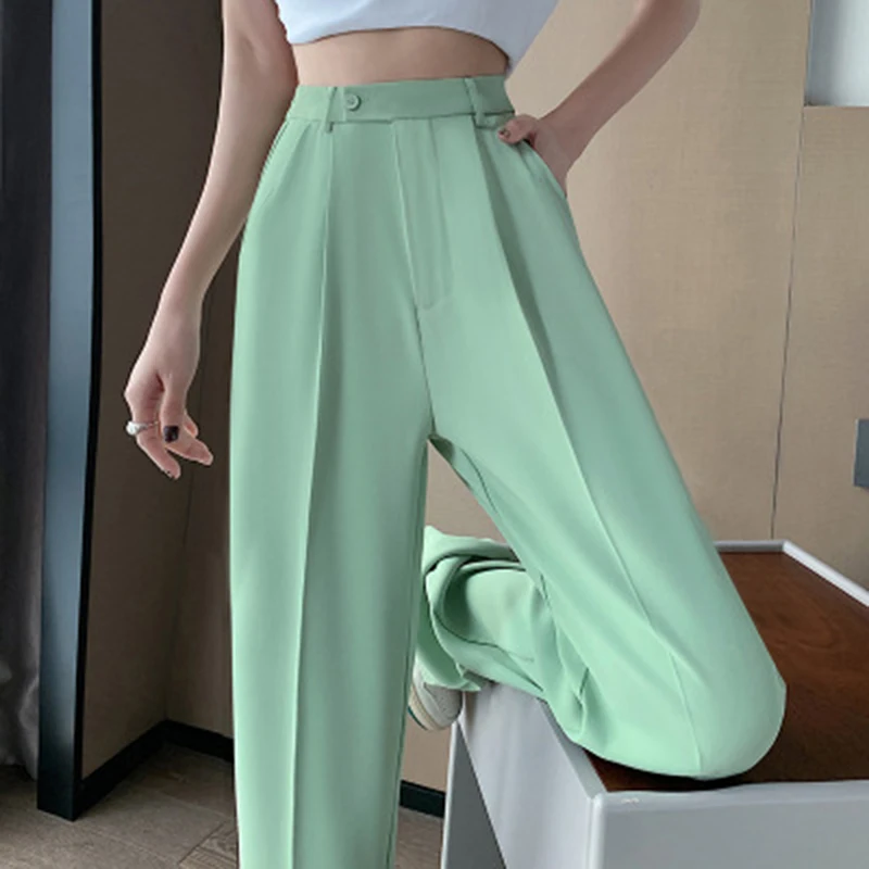 Women Straight Loose Pants Fall winter Drape High-waisted Wide-leg Pants Women green Thin All-match Casual Trousers