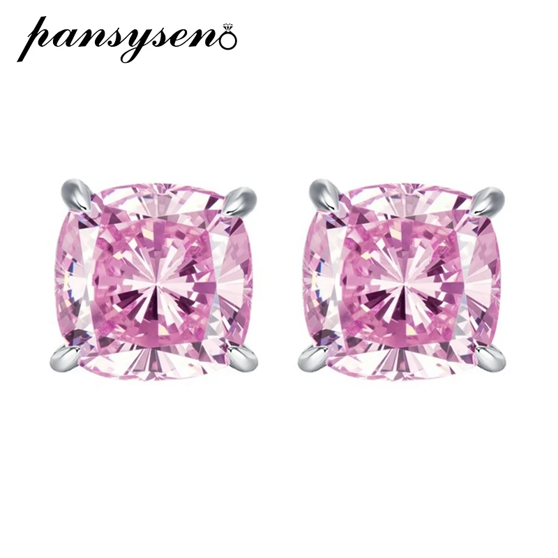 

PANSYSEN Romantic 925 Sterling Silver 10MM Pink High Carbon Diamond Gemstone Wedding Engagement Ear Stud Earrings Fine Jewelry