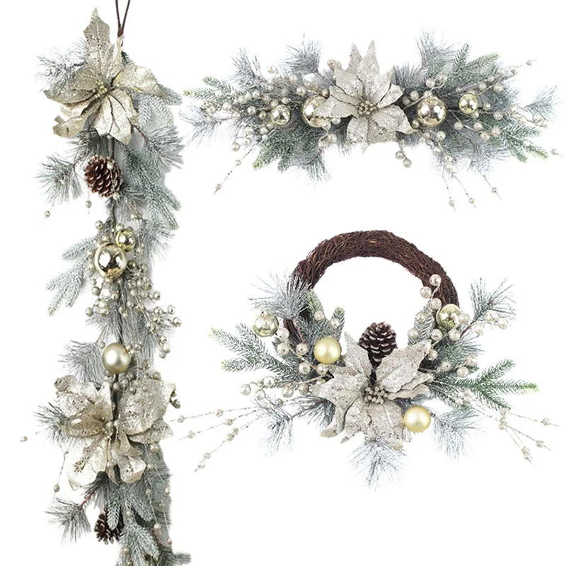 

Christmas Wreath Rattan Lintel Upside Down tree Christmas Pine Cones Pine Needles Door Decorations Finished Silver Series