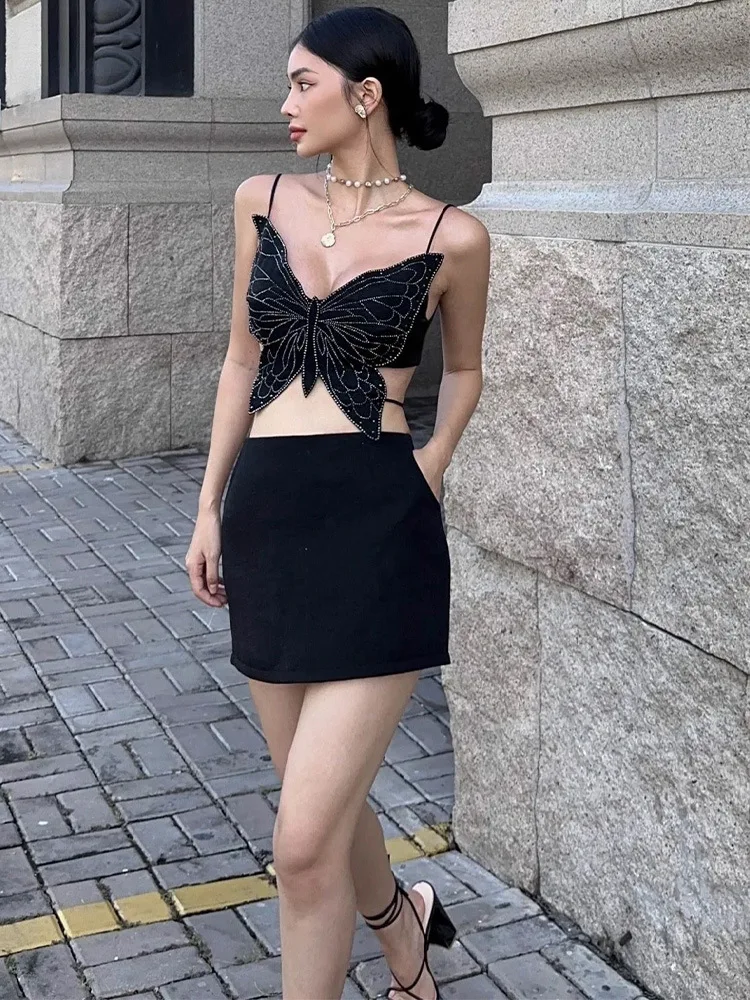 

Fashion Item Hot Sexy Black Color Shining Diamonds Butterfly Design Tank Top Woman Birthday Party Outfit Club Party Vestido