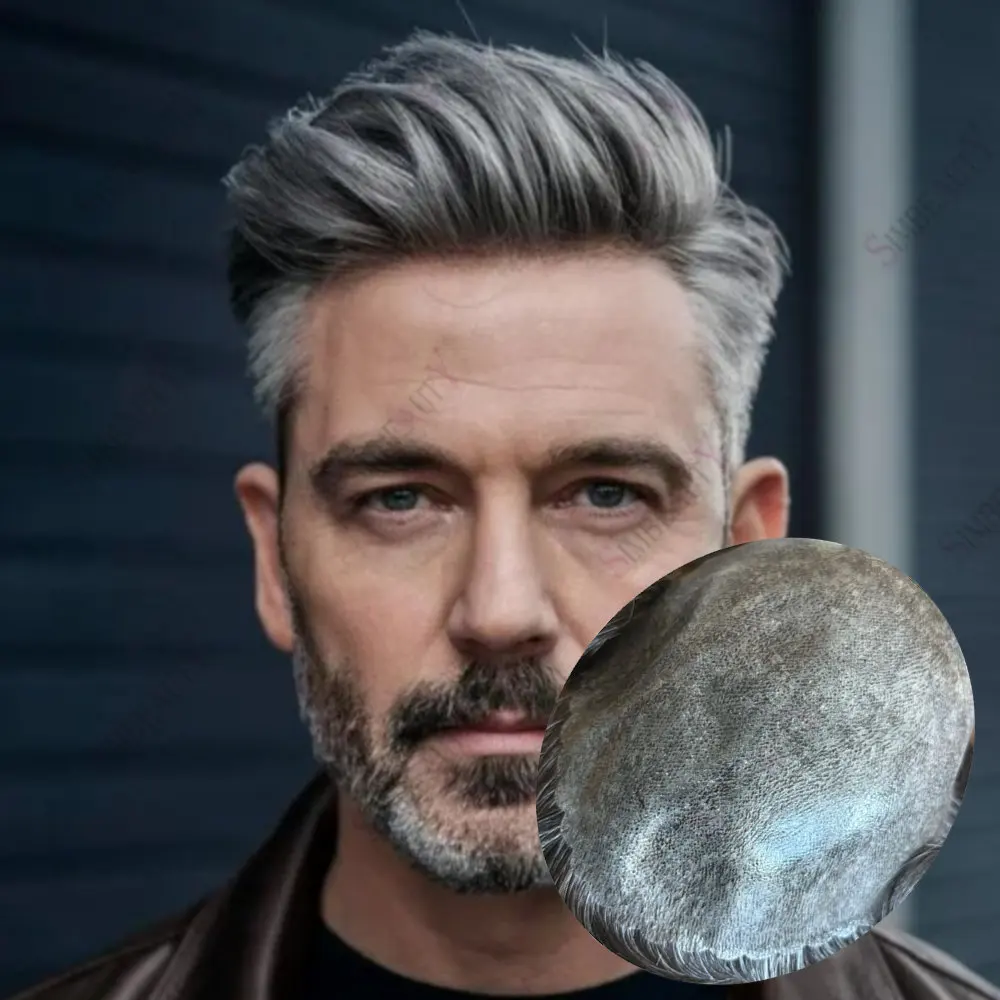 

1B65 1b80Grey Black Indian Human Hair Toupee for Men Capillary Prosthesis Male Wig 0.1mm Skin Natural Looking Hair Replacement