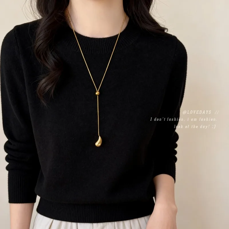 High Quality Gold Teardrop Drawstring Long Necklace for Women Korean Style Fashion Photoshoot Sweater Chain Layer Jewelry Daily