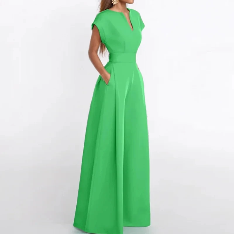 

2025 Solid High Waist Female Rompers Women Simple Chic Short Sleeved Solid Wide Leg Office Long Jumpsuit Combination