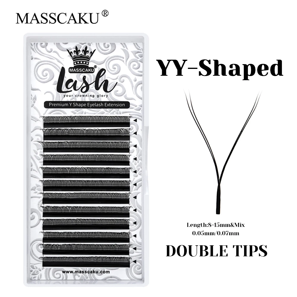 Hurtownia MASSCAKU C D Curl Premium Velvet Fiber Double Tips Lashes Matte Black Multi-texture Y Shaped Eyelash do salonu piękności