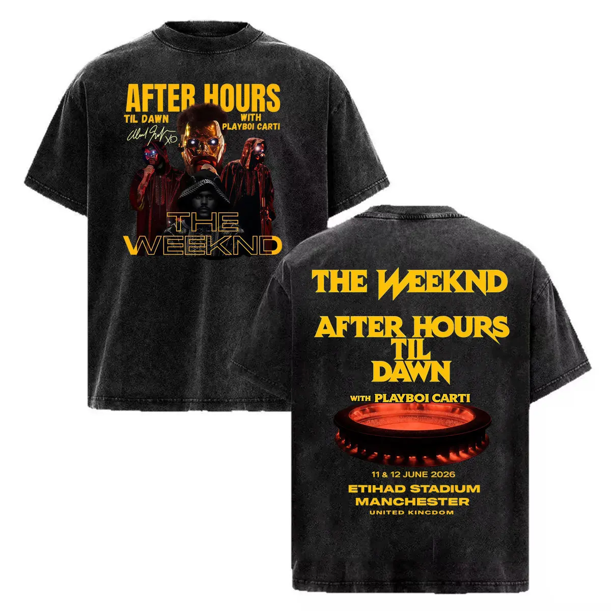 The Weeknd After Hours Til Dawn with Playboi Carti 2026 Tour Washed Retro T Shirts Men's Fashion Hip Hop Oversized Loose T-shirt