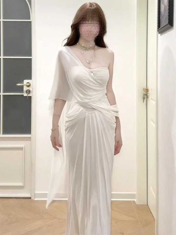 

Elegant French Style Satin Long Dress with Shawl Lace Skirt Short Sleeve Slimming Fish Tail Design for Women Summer New Arrival