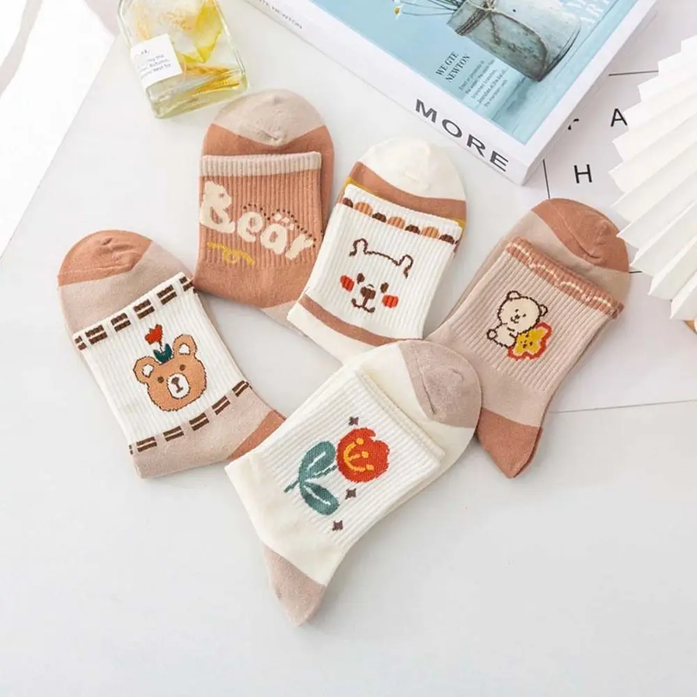 5 pairs Letter Cartoon Bear Socks Stripe Patchwork Flower Ankle Socks Lolita JK Women's Hosiery Summer Tube Socks Streetwear