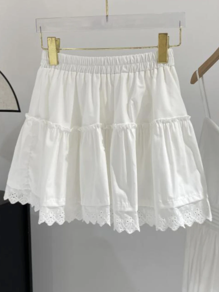 Lace Ruffles Mini Skirts for Women Hollow Out A-line High Waist Short Retro Cute Solid Y2k Summer New Fashion 2022