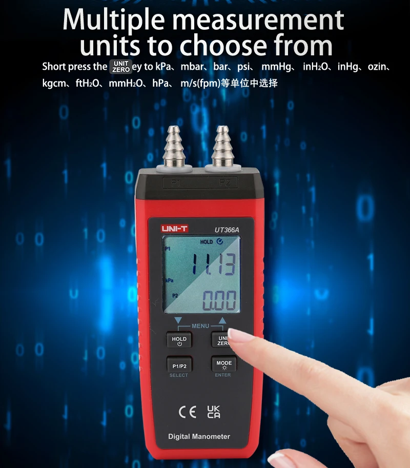 UNI-T UT366A مقياس الضغط الرقمي قياس فرق الضغط السطحي سرعة الرياح ضغط الهواء مقياس الضغط التفاضلي متر