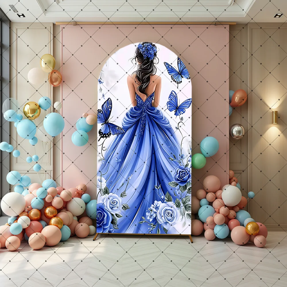 Quinceanera 15 Year Girl Birthday Arch Backdrop Cover Blue Princess Dress Flowers Butterfly Party Decor Background Photo Studio