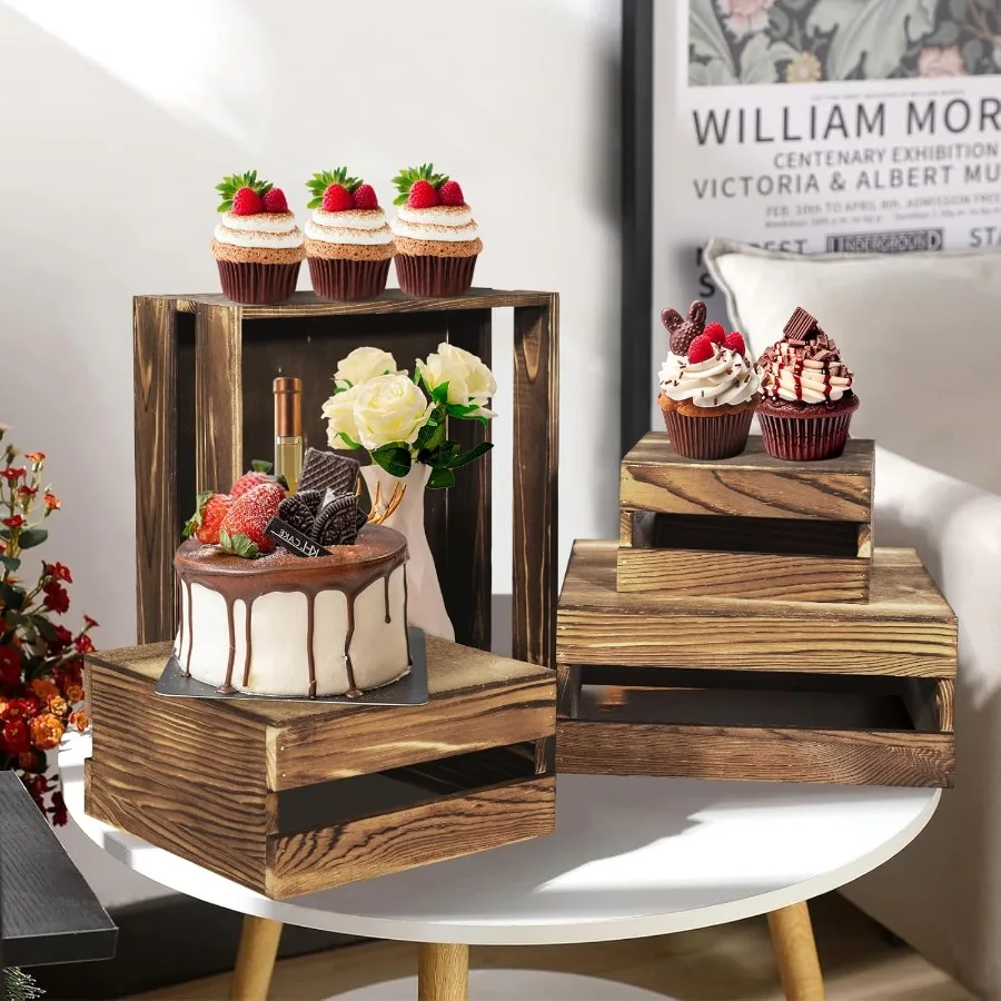 6 Pcs Buffet Risers with Mini Signs Rustic Wood Cake Stands Food Risers for Buffet Table Dessert Display Stand Wood Crates Rust