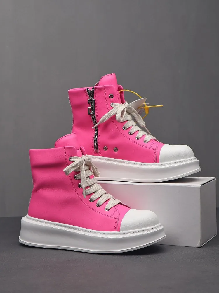 Mens Boots Fashion Hip Hop Cow Split Leather High Top Platform Shoes Lace Up Round Toe Zipper Comfortable Men Casual Short Boots
