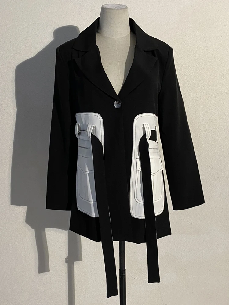 EAM-Blazer de poche noir à manches longues pour femmes, veste couvertes à revers, mode marée, printemps, automne, 2024, 1S39401