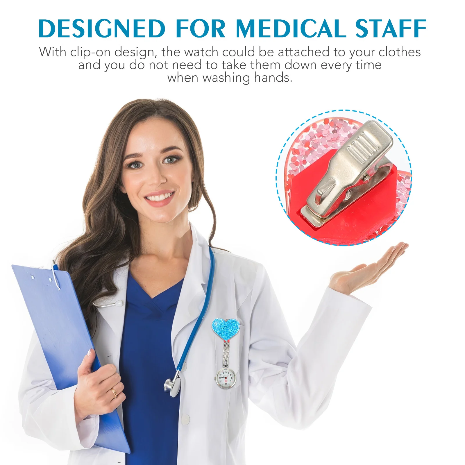 2Pcs Heart-Shaped Crystal Nurse Watch Exquisite Decorative Clip-on Timepiece for Medical Staff Gift Nurse Watch