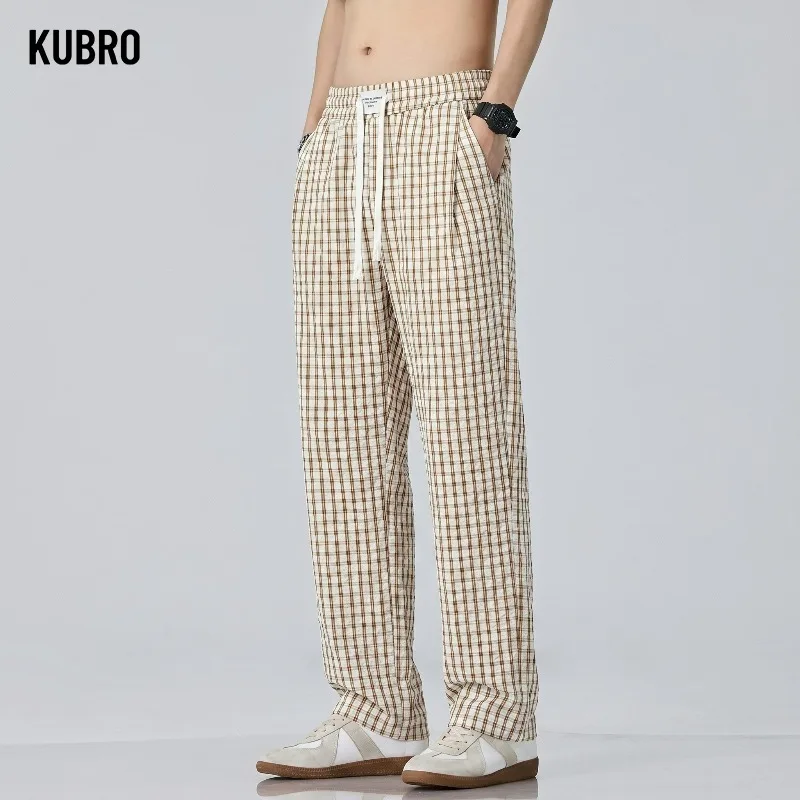

New Men's Ice Silk Casual Breathable Plaid Pants Fashionable Street Sport Pants Beach Outdoor Loose Straight Wide Leg Trousers