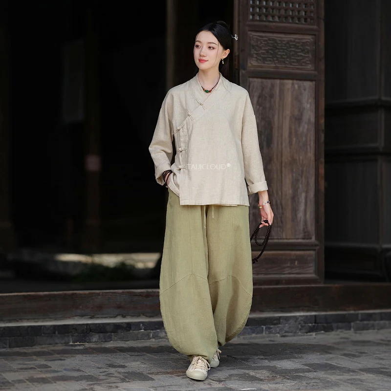 

Новая блузка в китайском стиле — хлопково-льняная рубашка с перекрестным воротником и пуговицами в виде лягушки, кардиган для дзен-медитации и чайной церемонии