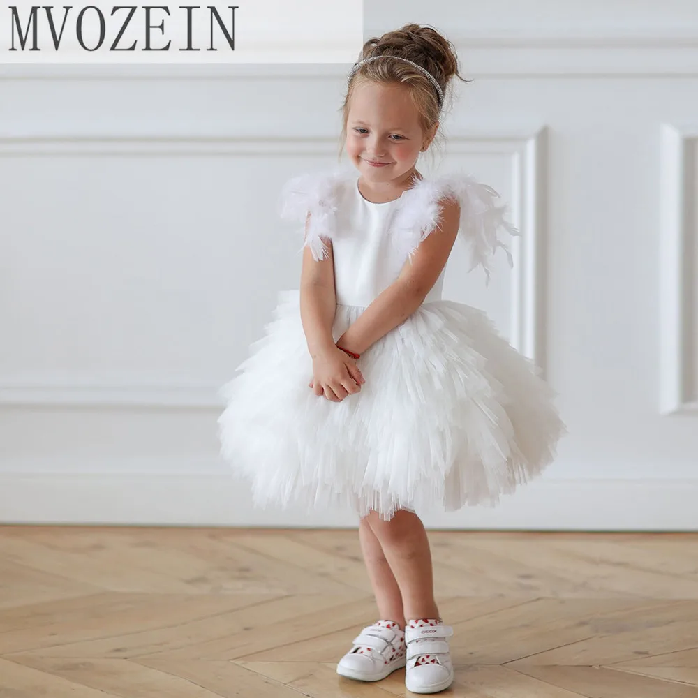 Mvozein White Flower Girl Dress Layers Girl Dress Feather Wedding Party Dress Kid's Birthday Dress First Communion Dress