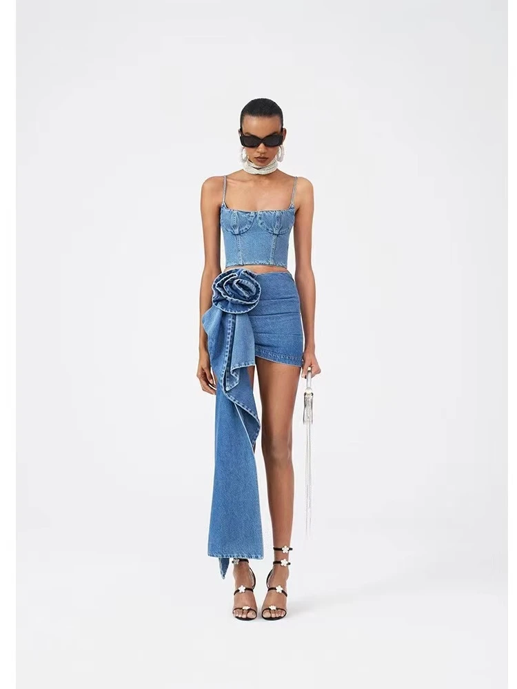 Italian Stylish Strapless Denim Crop Top with 3D Flower Cuts Sash Wrap High Waist  Skirt Women's Commute Artistic Style