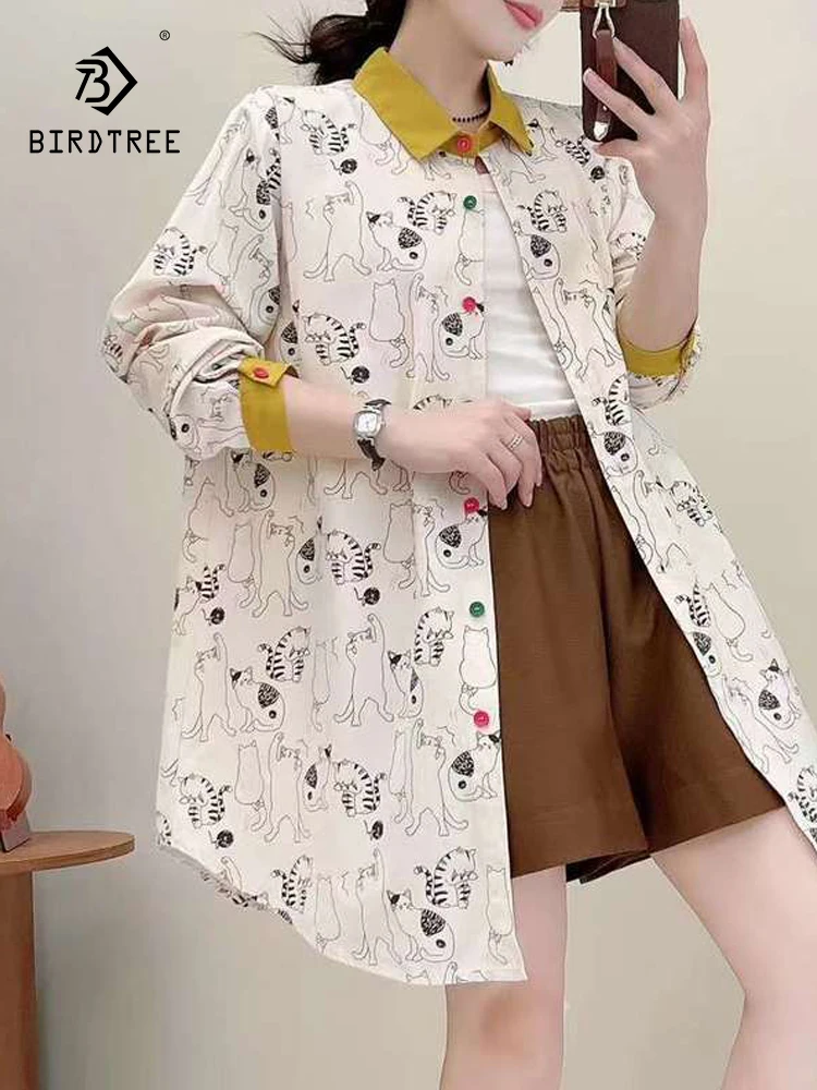 

New Summer Cotton Long Sleeve Shirt, Women Lapel Cat Print Top, Mori Girl Casual Sweet Japan Style Loose Blouses, Fall T47975QC