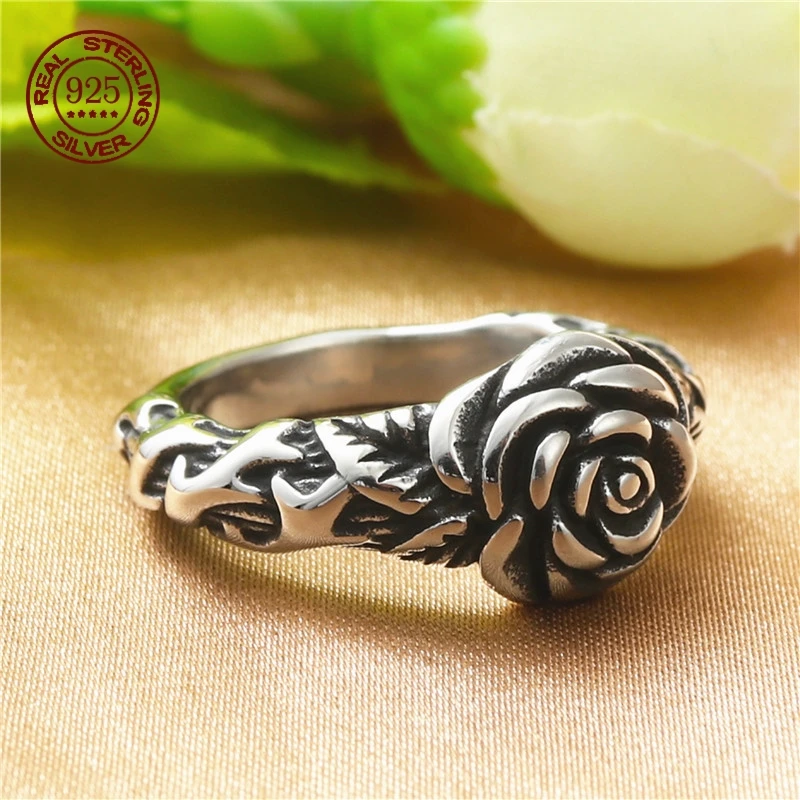 

Fashion Simple Vintage Rose S925 Sterling Silver Ring Personalized Carving Flower Women Jewelry Creativity Gift