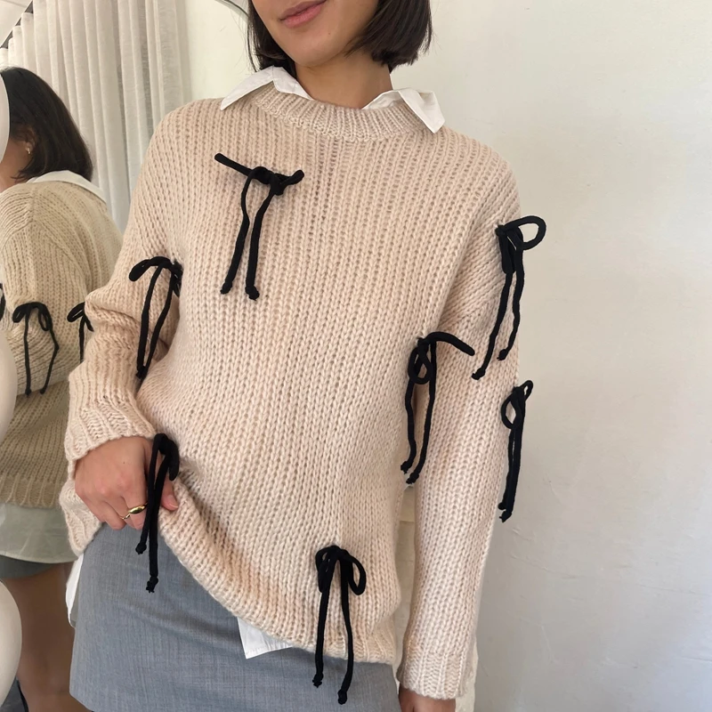 Women Knitted Tops Preppy Aesthetic Cute Bowknot Pullovers Y2K Cottage Fairycore Knitwear Sweater Autumn Spring Vintage Clothes