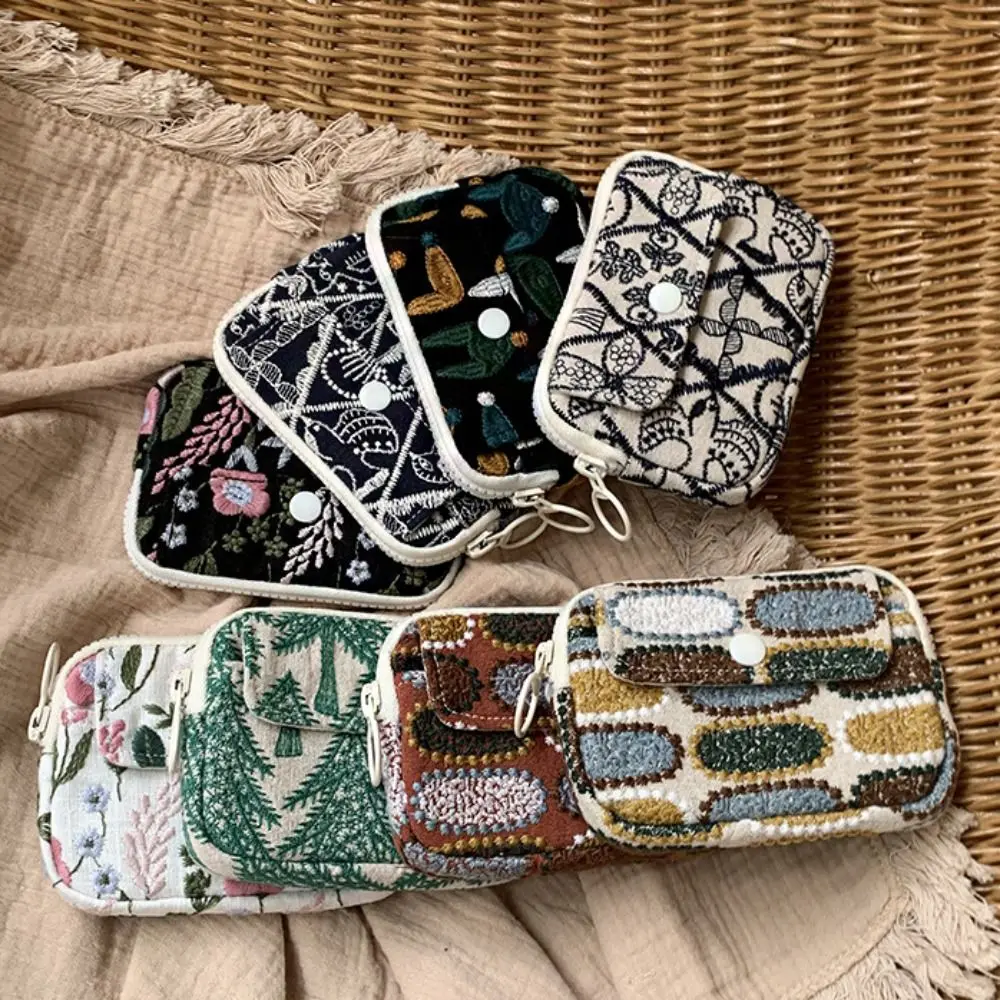 

Portable Cute Embroidery Storage Bag Flower Korean Style Earphone Bag Card Holder Cotton Linen Ethnic Style Coin Purse Key Bag