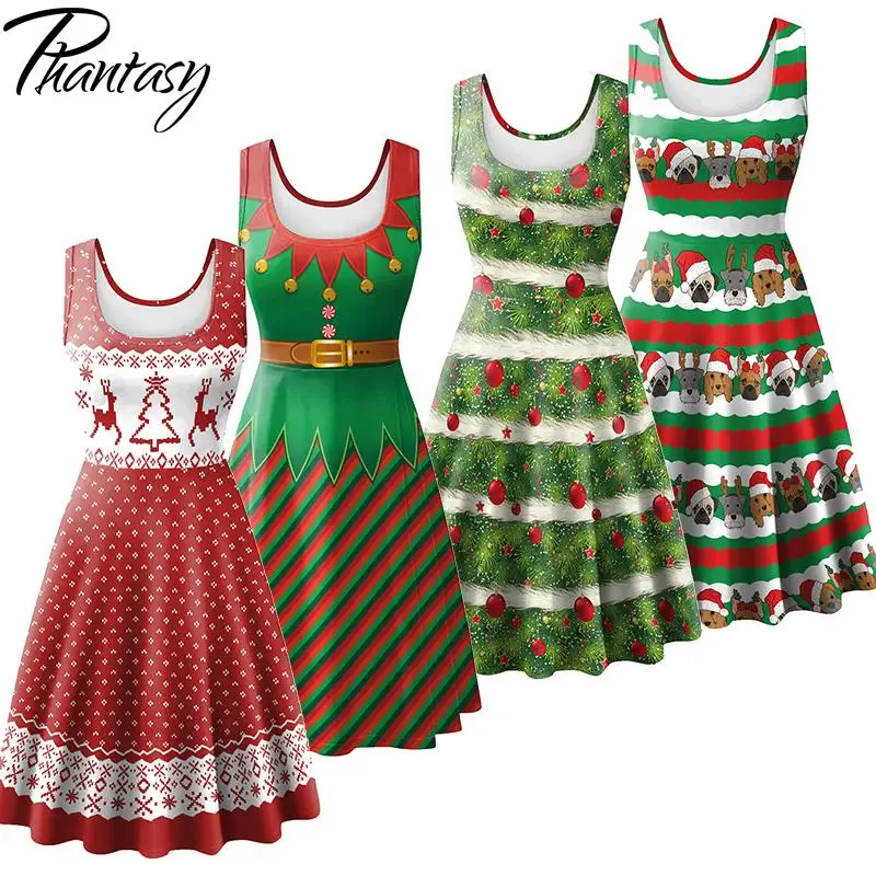 

Phantasy Ugly Christmas Dress Women Elf Cosplay Gown Christmas Tree Vintage Pattern Robe Xmas Carnival Green Female Dress