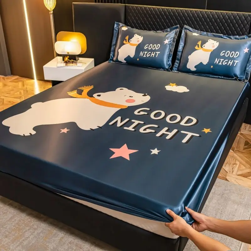 Cartoon printed Double bed sheets Summer Cool Fitted Sheet Ice Silk Full Surrounding Bed Cover Elastic Non slip Rope Bed Sheet