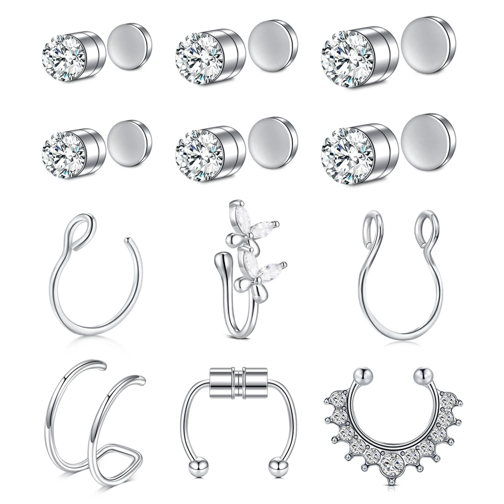 12Pcs/Set Fake Ear Ring Magnetic Studs Faux Non Pierced Ear Ring Ear Cuff No Piercing Magnetic Nose Studs CZ Dia 3/4/5mm