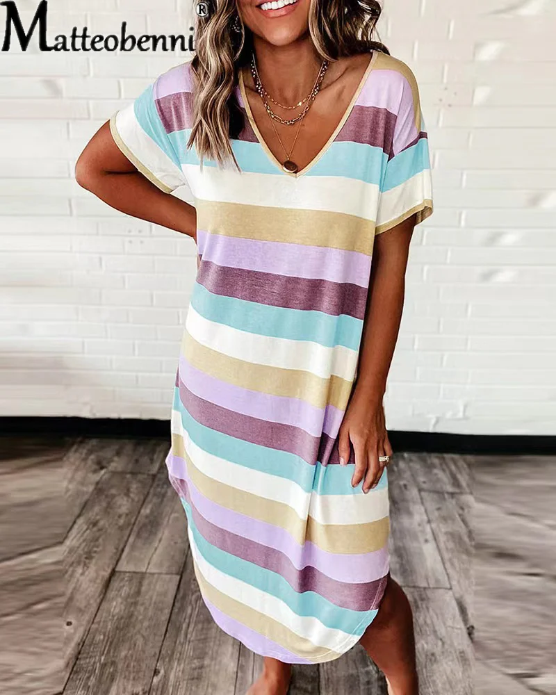 

Женское длинное платье в полоску, повседневное винтажное прямое платье с V-образным вырезом и коротким рукавом, свободное праздвечерние чно...