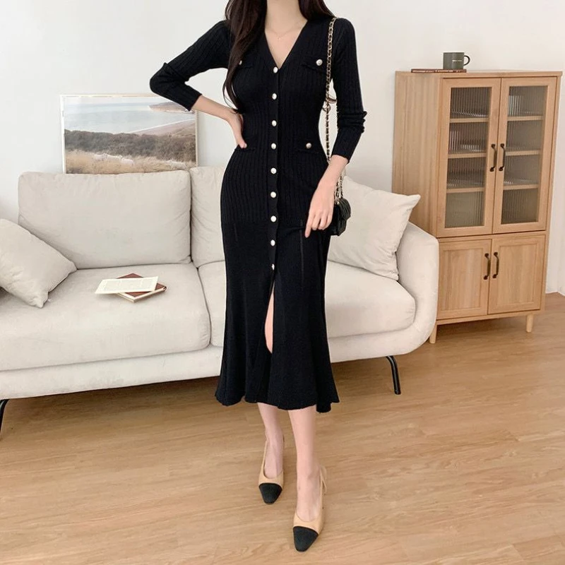 Houzhou elegante Party kleider für Frauen koreanische Vintage lange schlanke V-Ausschnitt Bodycone einteilige Midi-Kleid Nähen Freizeit kleid