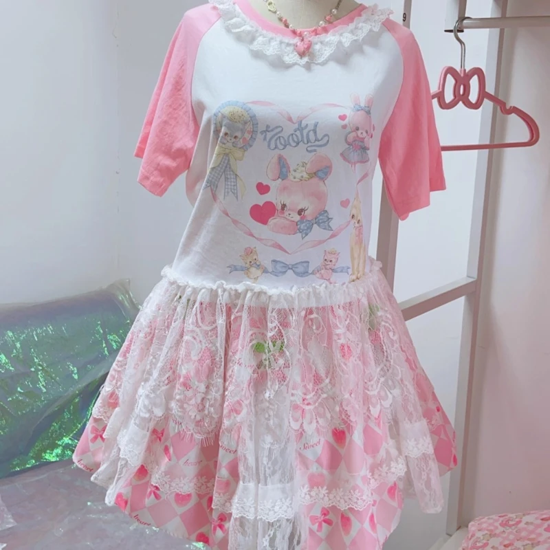 2025 Estate Nuovo Modello Del Fumetto Puro Cotone Girocollo T-Shirt da Donna Design Originale Lace Splicing Mezze Gonne Set Signore