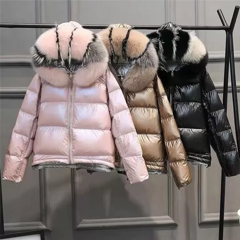 Natural Fur Glossy Cropped Hooded Puffer Jacket Brazil Two-Sided Wear Warm Coat Winter Jacket Women European Ladies Outerwear