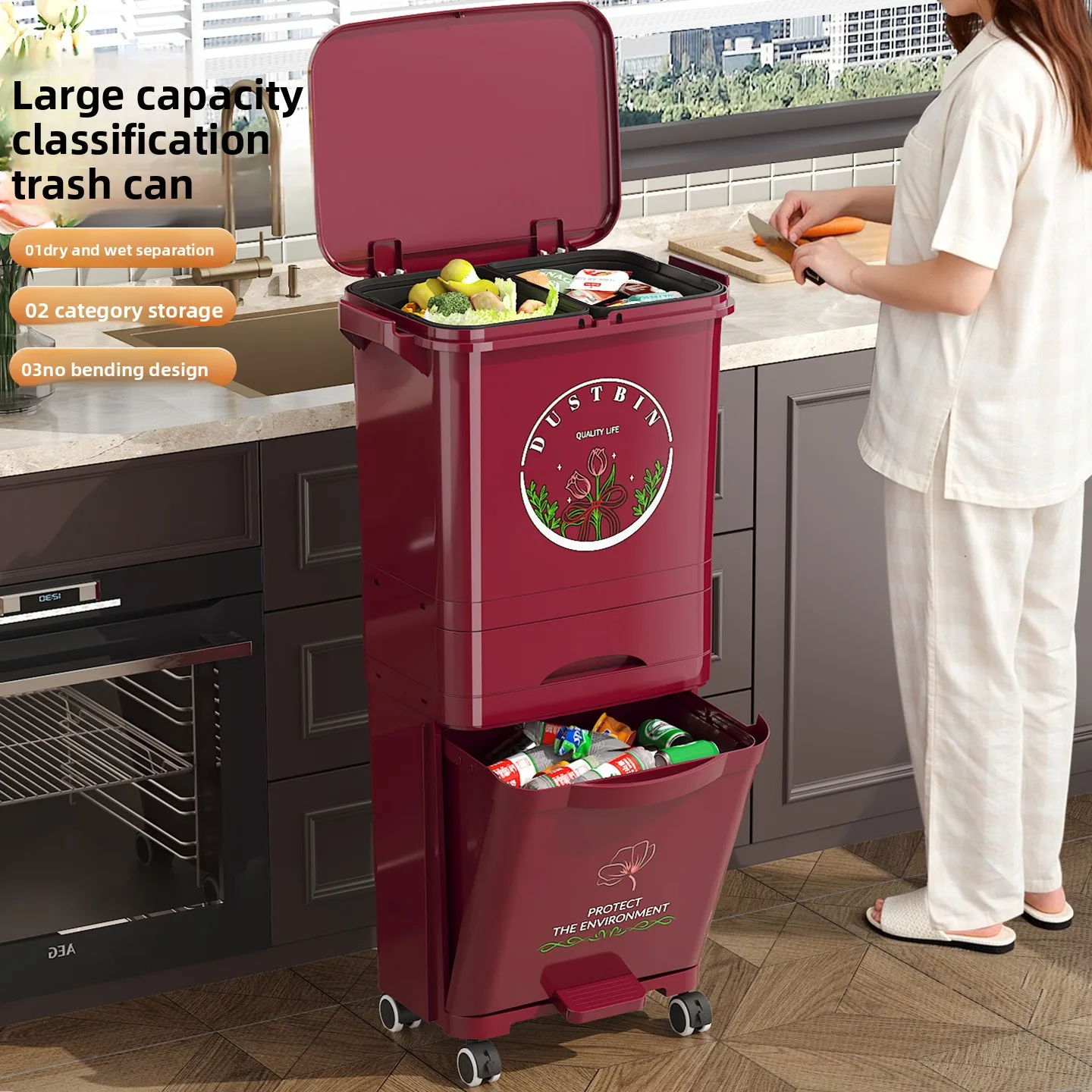 Kitchen trash can household with lid large capacity pedal integrated deodorant double layer food waste dry and wet separation