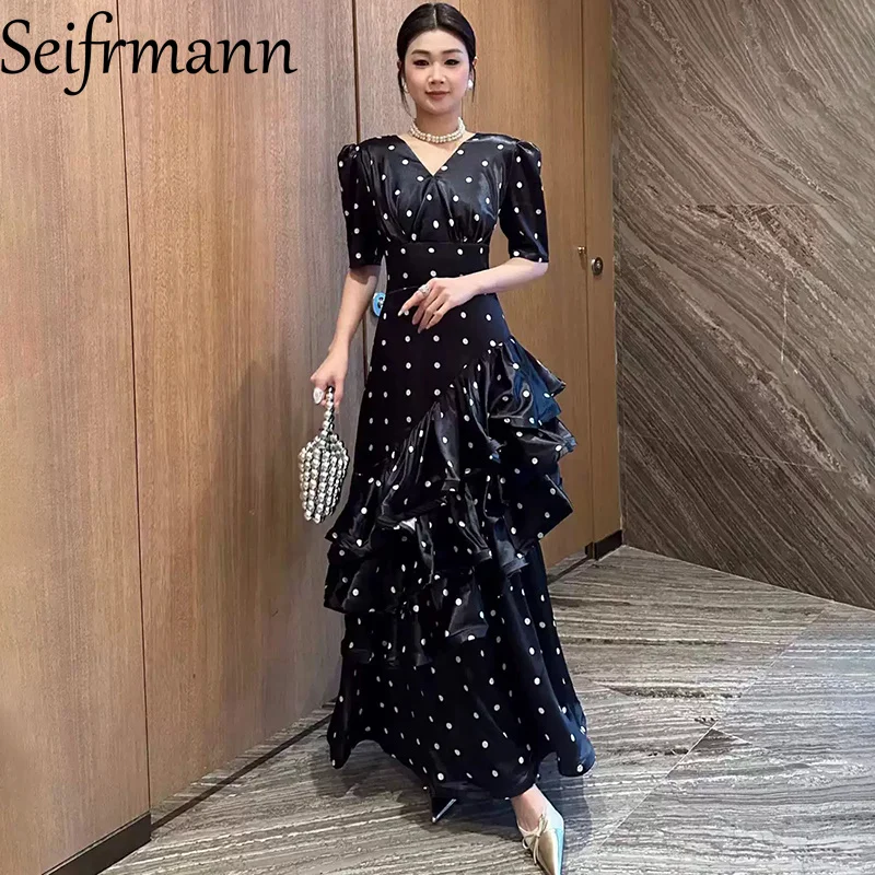 

Seifrmann Contrast color polka dot dress V-neck short-sleeved temperament waisted fishtail long dress 2026 summer new style
