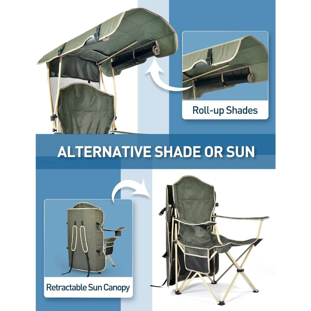 Cadeira de acampamento dobrável com sombra Canopy, Cadeiras para o exterior, Esportes com porta-copos, Bolso lateral