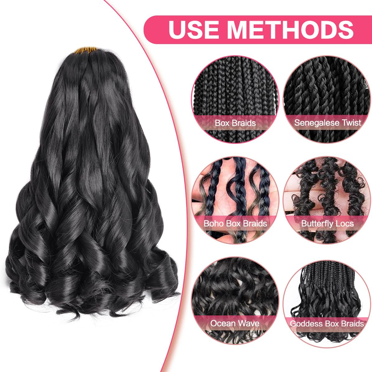 프렌치 컬리 브레이딩 헤어 12/16/20/24인치 루즈 웨이브 1-6팩 # 1B 블랙 탄력 있는 브레이딩 헤어 익스텐션 합성