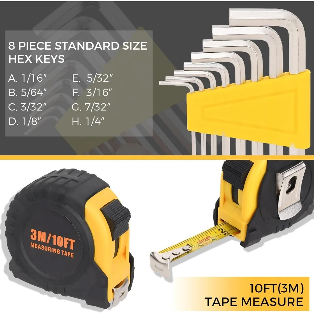 WGGE 39피스 가정용 공구 세트/수공구 세트 – 망치, 드라이버, 플라이어, 렌치, 육각 키가 포함된 내구성이 뛰어난 가정용 수공구 키트